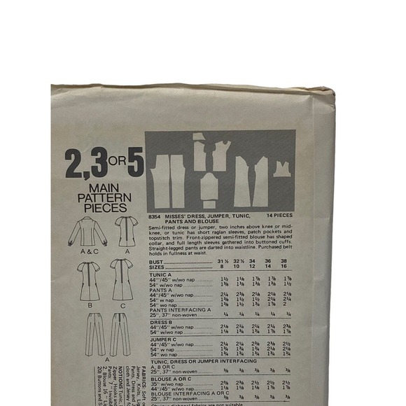 Vogue 8354 Misses Semi Fitted Dress Jumper Tunic Blouse Pants Sewing Pattern 12 - Picture 5 of 6
